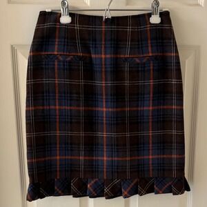 Cabi Women Plaid Wool Blend Ruffle Hem Pencil Skirt NavyBrown Plaid EUC Academic